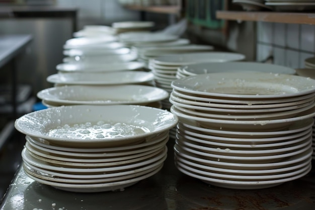 muchos platos blancos sucios en el restaurante