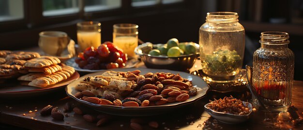 muchos platos de comida en la mesa con una jarra de agua