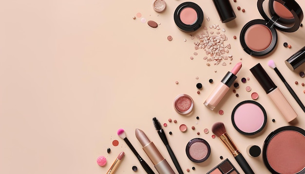 Foto muchos productos cosméticos para maquillaje en fondo pastel beigex9