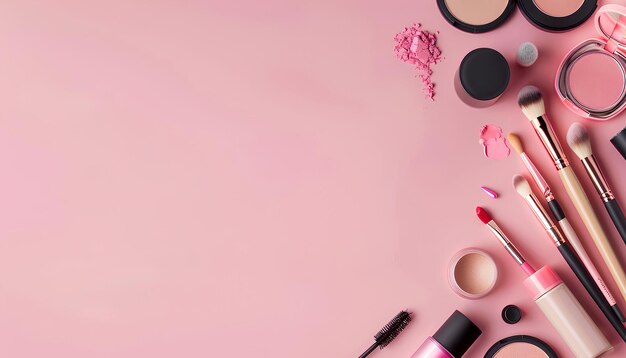 Foto muchos productos cosméticos para maquillaje en fondo rosa pastelx9