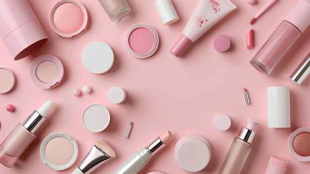 muchos productos cosméticos para maquillaje en fondo rosa