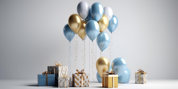 Muchos regalos y globos de helio para la tarjeta de felicitación de cumpleaños