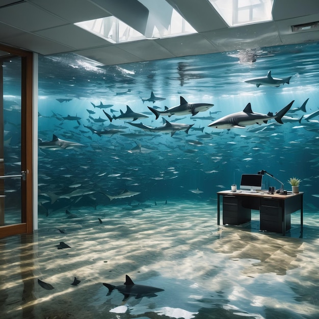 Foto muchos tiburones nadando en la oficina inundada indicando negocios depredadores