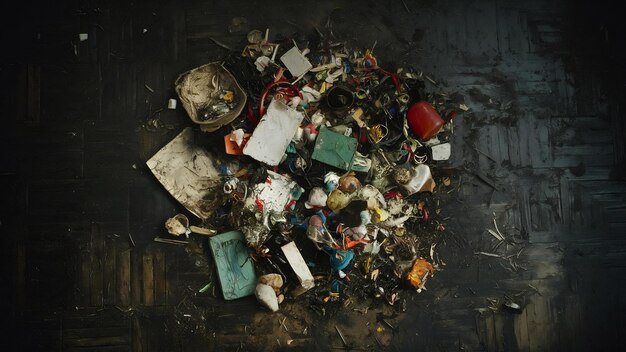 Foto muchos tipos de basura estaban esparcidos por el suelo oscuro.