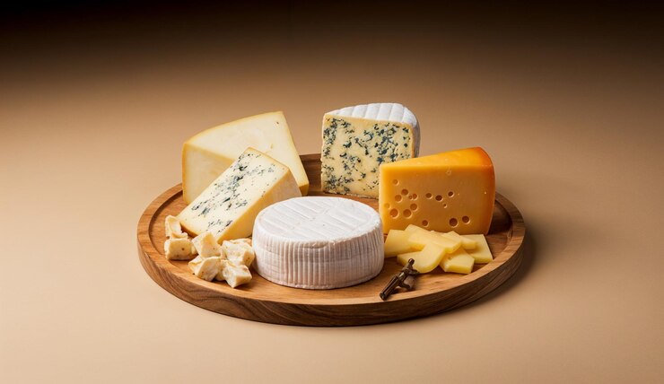 Muchos tipos de queso se encuentran en un plato de madera