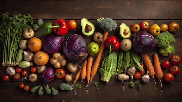 Muchos tipos de verduras sobre fondo de madera