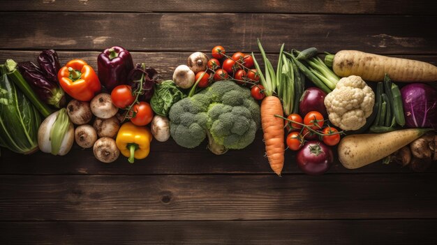 Muchos tipos de verduras sobre un fondo de madera