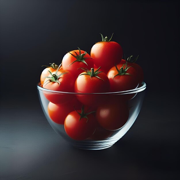 Muchos tomates en un tazón de vidrio en una superficie negra con un fondo oscuro
