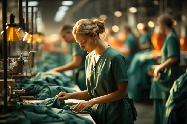 Foto muchos trabajadores de aguja en la fábrica