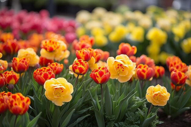 Muchos tulipanes brillantes en el fondo del campo de primavera