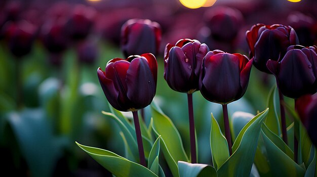 muchos tulipanes rojos en un campo de hojas verdes IA generativa