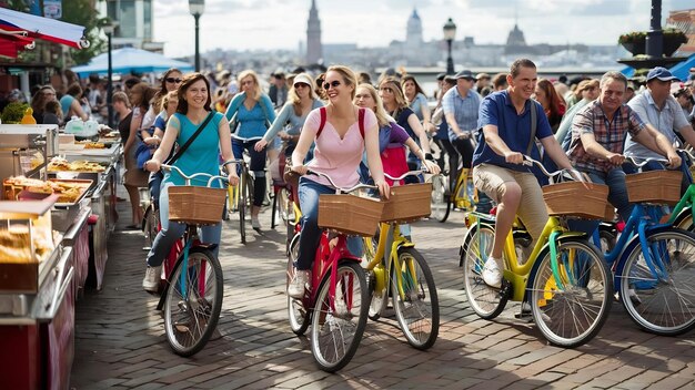 Foto muchos turistas están montando bicicletas coloridas del servicio de alquiler