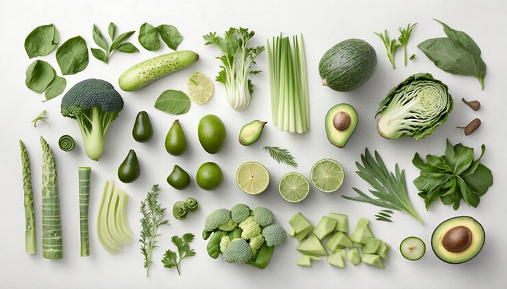 Muchos vegetales verdes diferentes sobre fondo blanco Alimentos saludables laicos plana Ai generativo