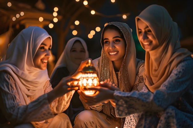 Muçulmanos com tochas de lanterna celebrando o Eid Mubarak