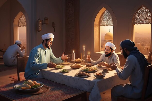Foto muçulmanos comendo sehri ou iftar alimentos deliciosos são arranjados na frente das pessoas sacrifício a alá