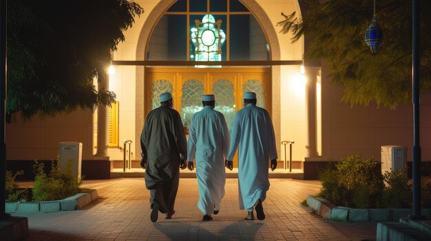 Foto muçulmanos em frente à entrada da mesquita à noite para orar