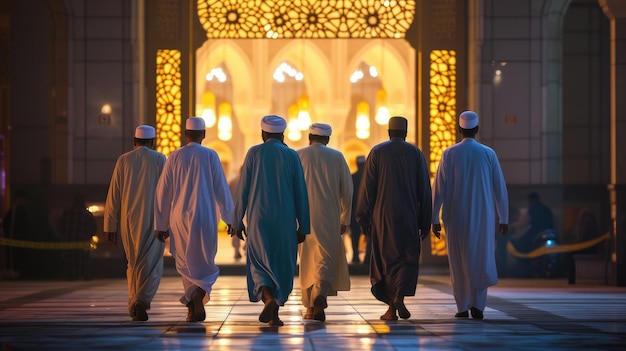 Muçulmanos em frente à entrada da mesquita à noite para orar