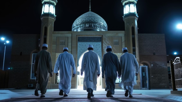 Foto muçulmanos em frente à entrada da mesquita à noite para orar