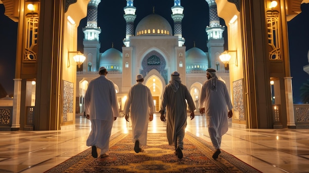 Foto muçulmanos em frente à entrada da mesquita à noite para orar