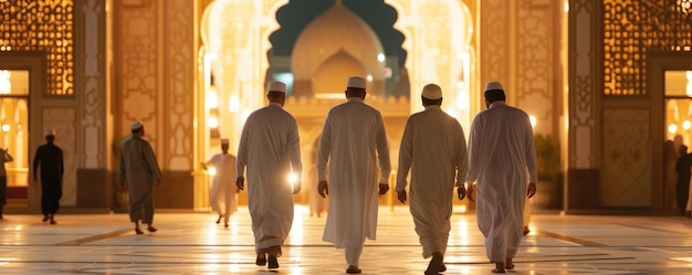 Muçulmanos entrando na mesquita na noite do Ramadã para a oração de Tarawih