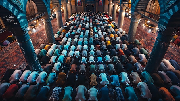 Foto muçulmanos orando em uma mesquita a imagem é tirada de um ângulo alto olhando para baixo para os fiéis