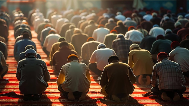 Foto muçulmanos orando em uma mesquita a imagem é tirada por trás e as pessoas estão a luz da janela brilhando sobre eles