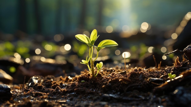 Una muda verde crece desde el suelo Tema de jardinería y ecología