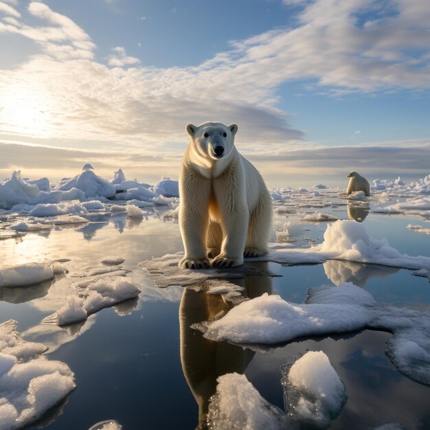 Mudança climática Um urso polar está em cima de uma geleira que está derretendo