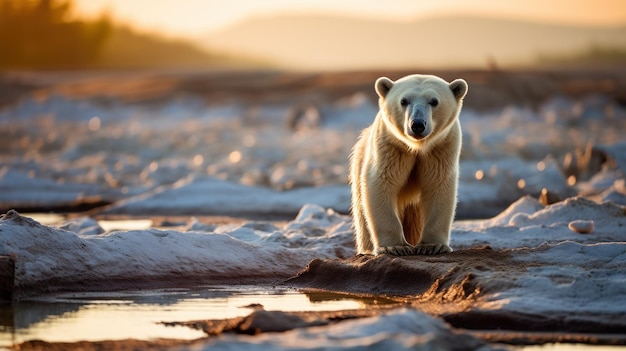 Mudança climática Um urso polar está em cima de uma geleira que está derretendo