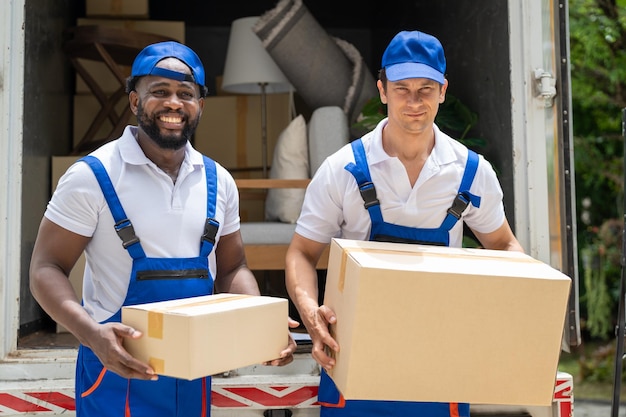 Mudanzas de dos hombres en uniforme azul que llevan una caja de cartón que se descarga del camión de servicio de la casa móvil