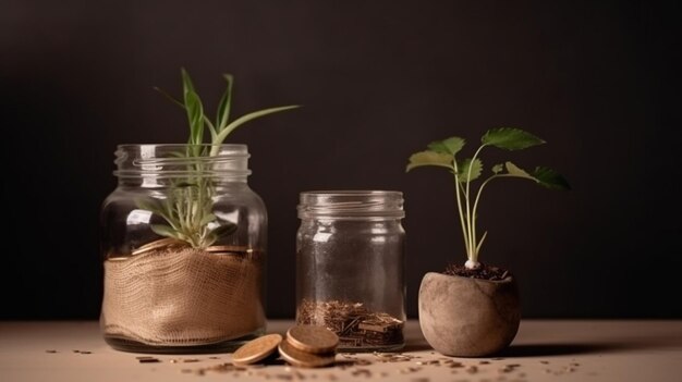 Mudas de plantas crescendo a partir de sementes de moedas na luz da manhã Conceito de meio ambiente e ecologia