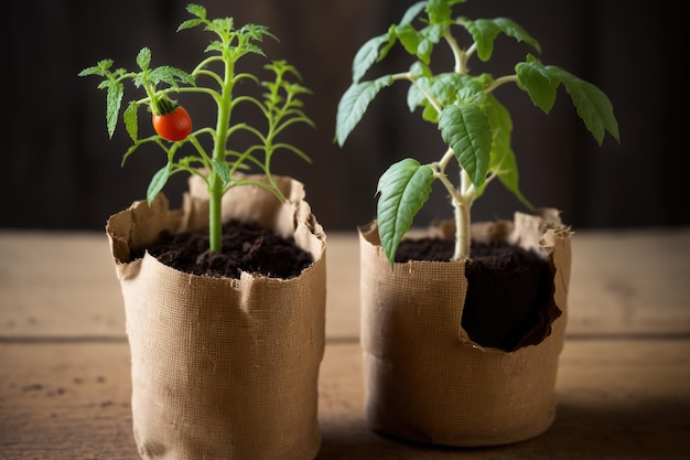 Mudas de tomate em vasos ecológicos com fundo de madeira prontas para transplante ou repicagem