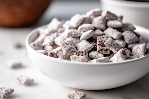 Foto muddy buddies mit schokoladenüberzug und puderzucker