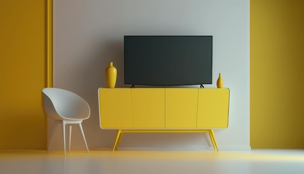 Un mueble amarillo con una televisión negra encima y una silla blanca al fondo.