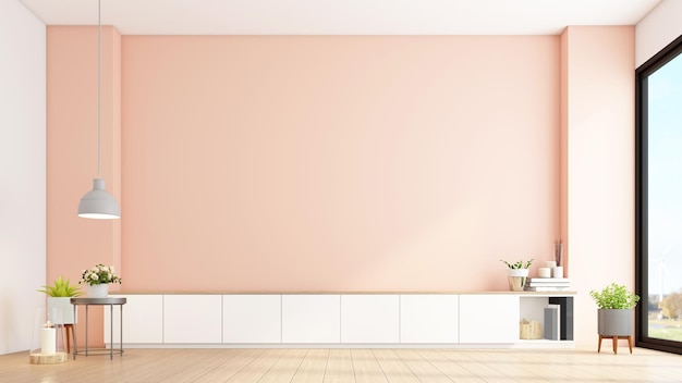 Mueble blanco para tv en la pared naranja claro en una habitación vacía minimalista con renderizado 3d