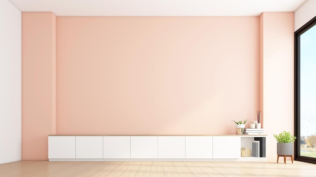 Mueble blanco para tv en la pared naranja claro en una habitación vacía minimalista con renderizado 3d