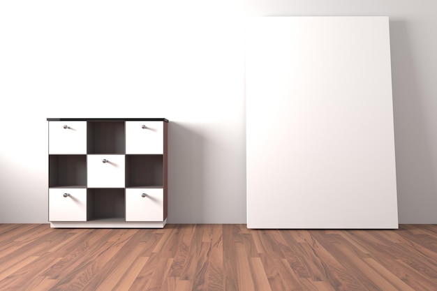 Foto mueble de estantería y armario con espacio en blanco blanco