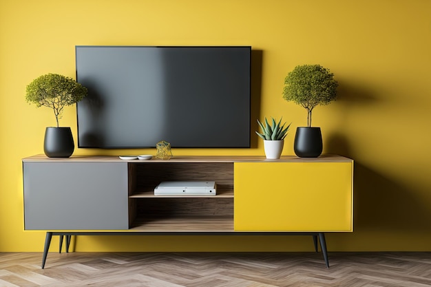 Un mueble de televisión contemporáneo con una pared decorativa amarilla