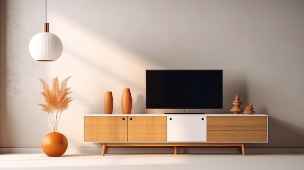 Un mueble de televisión de estilo japonés en una sala de estar vacía IA generativa