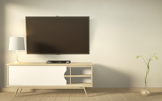 Mueble de televisión en una habitación vacía moderna Estilo japonés - zen, diseños minimalistas. Renderizado 3D