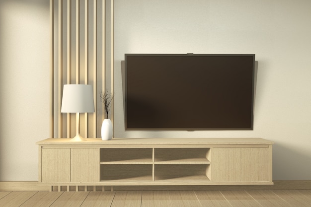 Mueble de televisión en una habitación vacía moderna Estilo japonés - zen, diseños minimalistas. Renderizado 3D