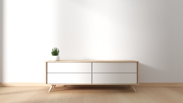 Foto mueble de televisión en una habitación vacía moderna japonesa - estilo zen, diseños minimalistas. representación 3d