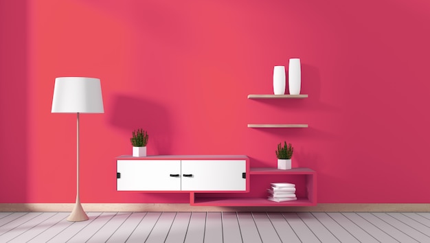 Mueble de televisión en sala roja moderna, diseños minimalistas, estilo zen. Representación 3D