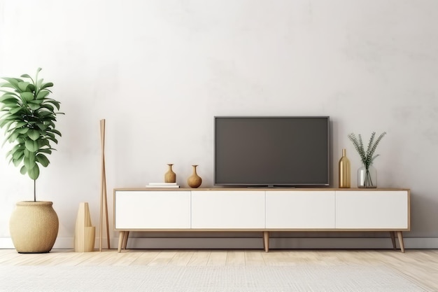 Mueble de televisión en salón minimalista con pampas generadas por IA