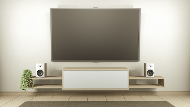 Mueble TV en blanco interior habitación vacía de estilo japonés, 3D rendering