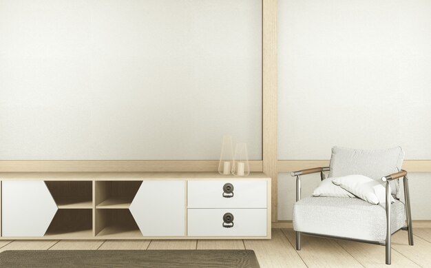 Mueble TV en blanco interior habitación vacía de estilo japonés, 3D rendering