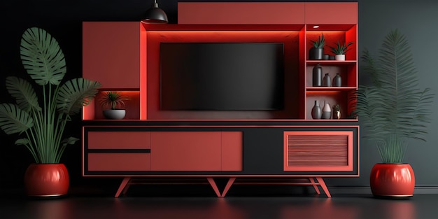 Foto mueble de tv con diseño interior minimalista moderno rojo y negro interior minimalista 3d render