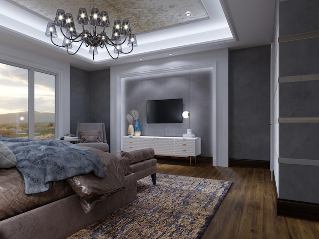 Mueble de TV en el dormitorio con pared gris y moldura blanca en la pared con una cómoda blanca