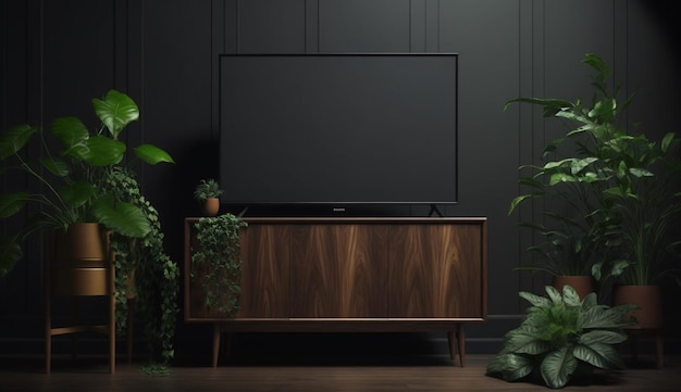 Mueble TV en habitación interior vacía pared oscura con plantas de lámpara de estante de madera y mesa de madera IA generativa