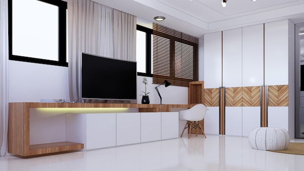 Mueble con tv en maqueta de habitación interior de hormigón